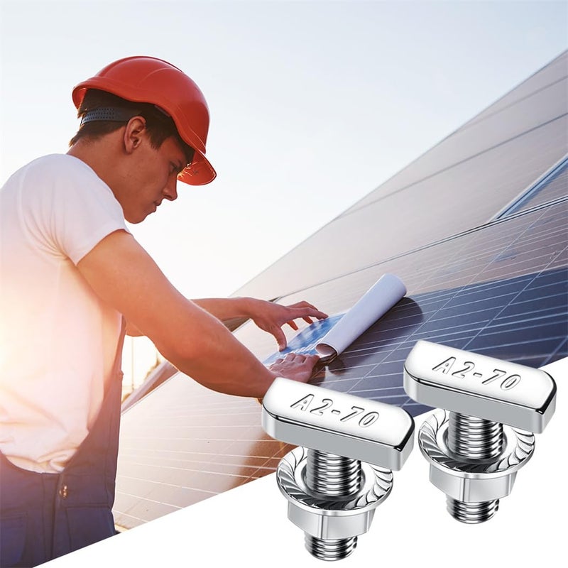 Yeasing T Bolt Set M8x20mm T Slot Drop-in Bolt Hammer Head Bolts T Shape Stud Sliding Screw with 10 Pcs Hexagon Flange Nuts for Aluminum Extrusion Profile Photovoltaic Solar Mounting, sliver - Image 5